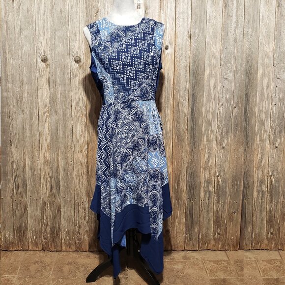 BCBGMaxazria Size 10 Blue Print Midi Dress Handkerchief Hem Sleeveless Women's - Picture 1 of 6